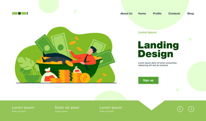 Happy millionaire taking bath with cash. Rich man and huge heap of money. Vector illustration for financial success, successful businessman, wealth concept