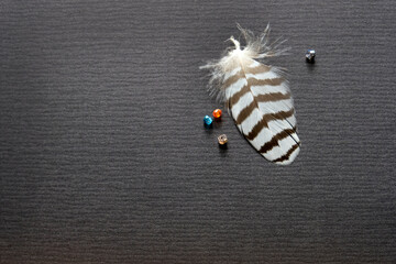 Striped bird feather and glass beads on a black craft paper background