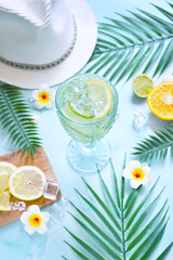 Fresh lemon cocktail with palm leaves and citruses on the table. Vacation mode. Hello summer atmosphere. Hot countries. Get fresh after long day. Light blue marble background.
