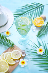 Fresh lemon cocktail with palm leaves and citruses on the table. Vacation mode. Hello summer atmosphere. Hot countries. Get fresh after long day. Light blue marble background.