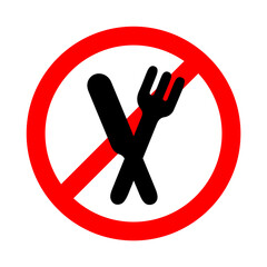 Eating not allowed, food forbidden sign with fork and knife on white background