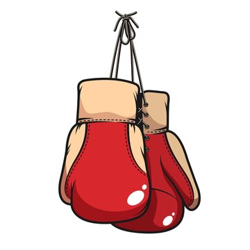 Pair of red hanging boxing gloves. Vector retro illustration.