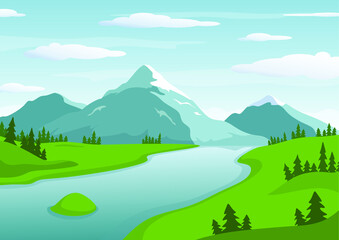 Vector illustration depicting a panorama of mountains, rivers, forests.