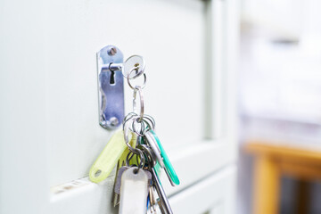 Close up of a bunch of keys remain hanging from a safe deposit box