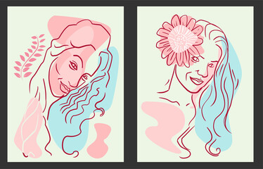 Vector line art illustration of women's faces in pastel shades. Vector illustration of face paints, contemporary portraits.