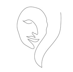 Vector illustration, abstract woman's face in black and white colors, outline one line continuous painted drawing