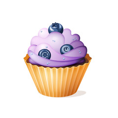 Cute colorful cream cupcake with blueberry taste . vector dessert decoration clip art