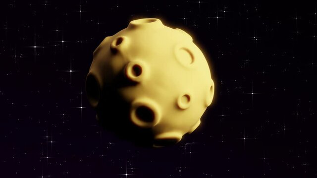Rotating cartoon moon in space among the stars. Planet with craters. 3d looped animation.