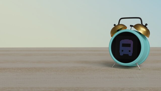 3d Rendering Of Color Alarm Clock With Symbol Of Front View Of A Bus On Display On Table