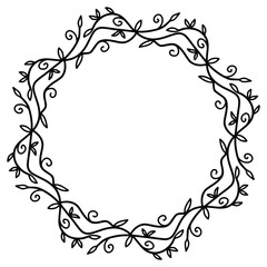 Beautiful wreath frame on a white background. Vector black and white illustration of doodle style wreath with place for text. Floral element for invitation cards, print.
