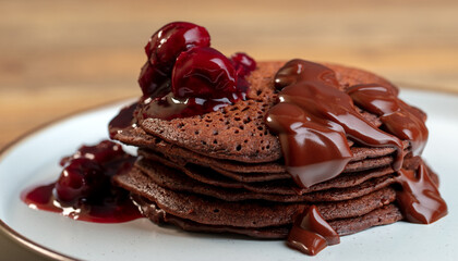 Chocolate Pancakes with morello cherry compote and chocolate sauce