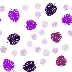 Light Purple vector seamless doodle layout with flowers, leaves.