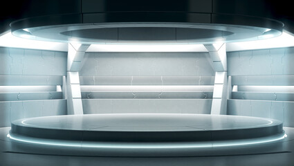 Futuristic empty stage. Modern Future background technology Sci-fi interior concept. 3d Rendering