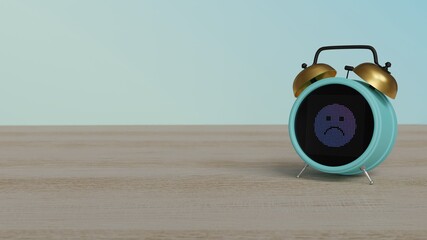 3d rendering of color alarm clock with symbol of emoticons sad on display on table