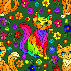 Obraz premium Seamless pattern with bright cats and flowers in stained glass style on a green background
