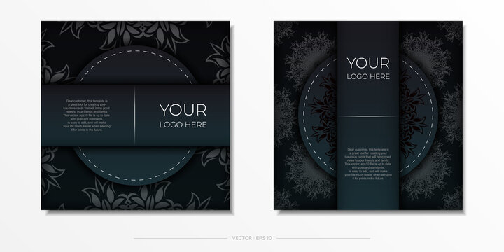 Dark green postcard template with white abstract mandala ornament. Elegant and classic elements ready for print and typography. Vector illustration.