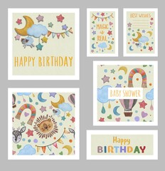 Fototapeta na wymiar Hand drawing watercolor cute children’s greeting card with lion, deer, rainbow, star, moon, sheep, balloon. Use for poster, print, postcard, card, invitation, fabric, textile, design