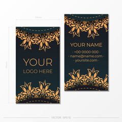 Dark green business cards template with decorative ornaments business cards, oriental pattern, illustration. Ready to print, meet the requirements of the printing house.