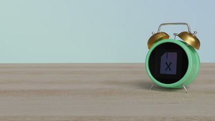 3d rendering of color alarm clock with symbol of file excel on display on table