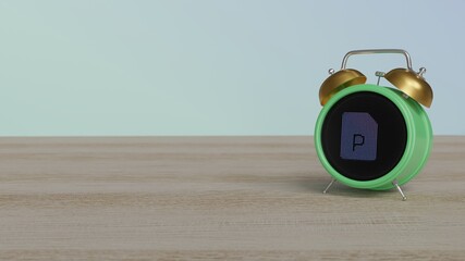 3d rendering of color alarm clock with symbol of file PowerPoint on display on table