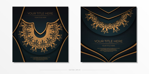 Dark green postcard template with white Indian mandala ornament. Elegant and classic elements ready for print and typography. Vector illustration.