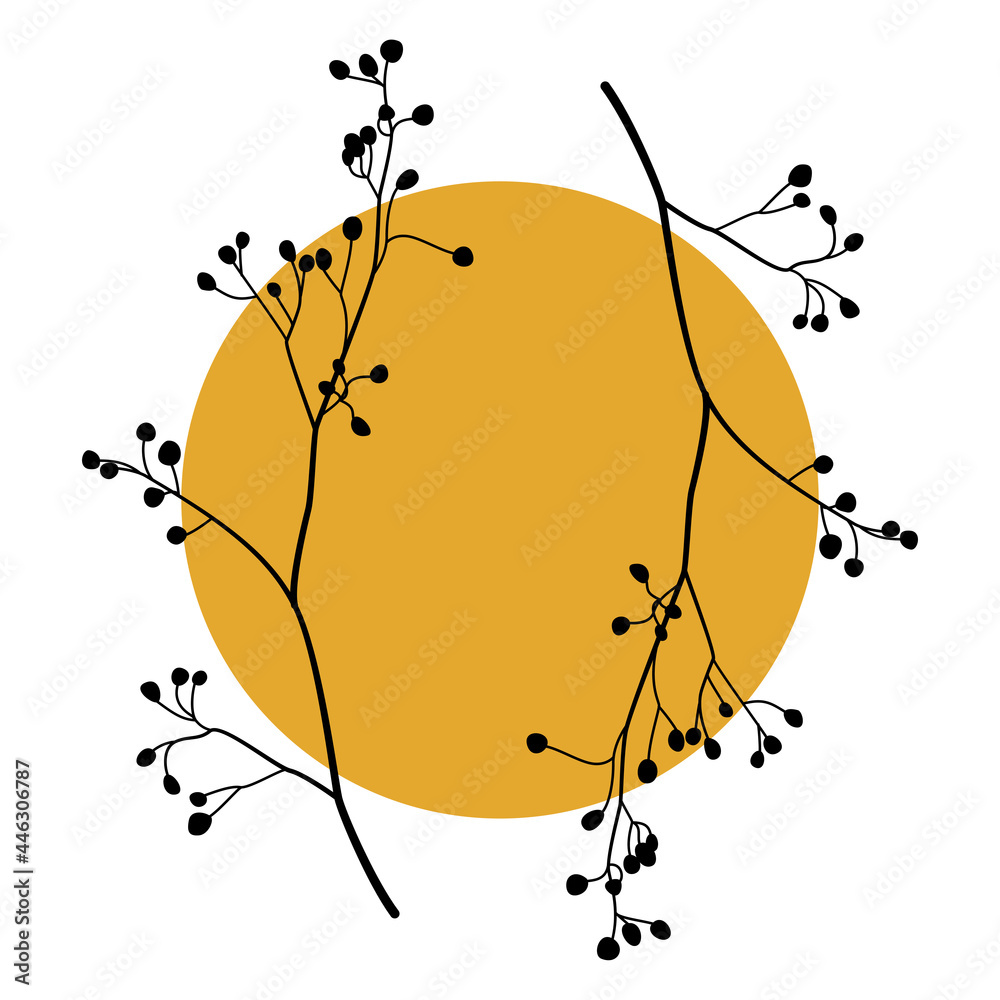 Poster silhouette of branches of trees with abstract round shape. plant art design for botanical boho wall 