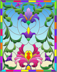 Illustration in the stained glass style with an abstract flower arrangement on a light yellow background, vertical image