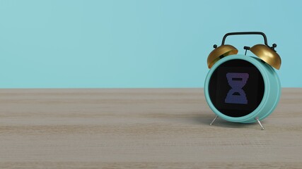 Fototapeta na wymiar 3d rendering of color alarm clock with symbol of hourglass half on display on table