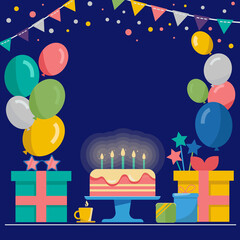 Happy birthday background with a cake, balloons and gifts. Dark blue background. Vector illustration.