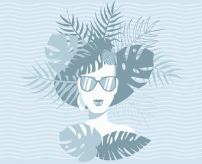 Stylish monochrome girl in tropical leaves. Vector illustration.