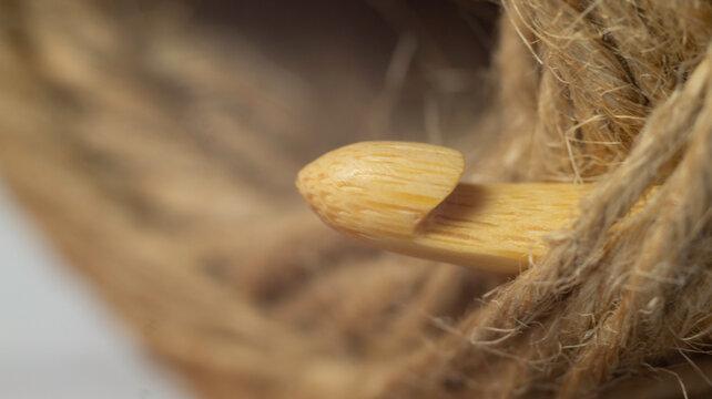 Skein Of Twine. A Rope Made Of Fiber. Yarn. Bamboo Crochet Hook. Knitting Wooden Hook