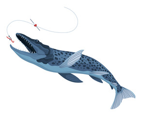 Predatory fish catch. Cartoon fish catching the fishing lure. Pike fishing is jumping to catch a bait on a hook. Sports hobby. Fishing or hunting on worm vector illustration