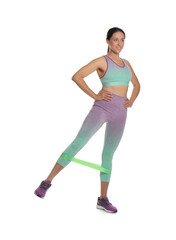 Woman doing sportive exercise with fitness elastic band on white background