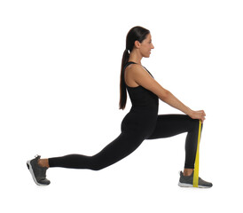 Woman doing sportive exercise with fitness elastic band on white background