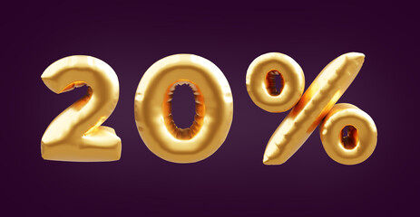 20 percent golden 3d balloon illustration. 3D golden twenty percent balloon illustration. 20% golden balloons