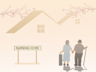 An elderly couple is entering a nursing home with a house and pink sky in the background.