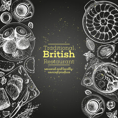 British cuisine top view illustration. Food menu design with traditional british dishes. Vintage hand drawn sketch vector illustration.