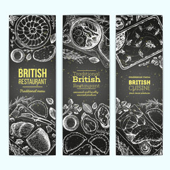 British cuisine top view vertical banners collection. Food menu design with traditional british dishes. Vintage hand drawn sketch vector illustration.