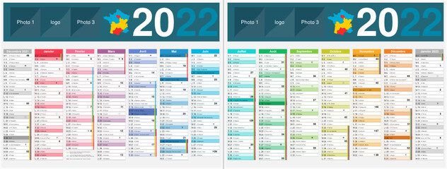 Calendrier 2022 14 mois avec vacances scolaires officielles au format 320 x 420 mm recto verso entièrement modifiable via calques et texte arial