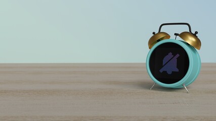 3d rendering of color alarm clock with symbol of sound on display on table