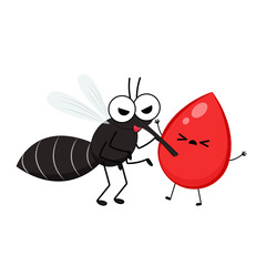 Mosquito cartoon. Mosquito character design. Mosquito and Blood drop cartoon.