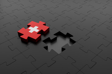 Swiss flag puzzle piece separated from the rest of the pieces. Concept of difference and separation of Switzerland from the European Union. 3d Render. - 446311511