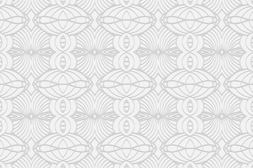 3d volumetric convex embossed geometric white background. Ethnic oriental, asian, indian pattern with handmade elements. Original wallpaper for design and decor.