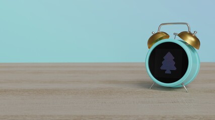 3d rendering of color alarm clock with symbol of tree on display on table