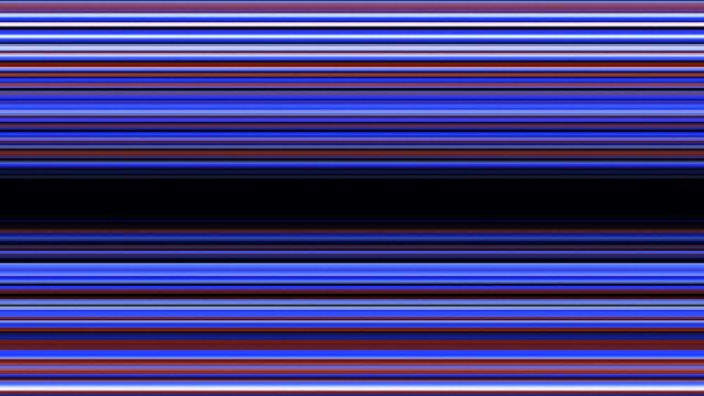Blue and red gradient horizontal stripes creating hypnotic tunnel, seamless loop. Animation. Glowing parallel laser beams with a wider black stripe in the middle.