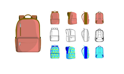 Set of School Bags with Four Sides. School bags with front, back, side view. Set of School Bags in outlines
