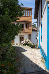 Fototapeta na wymiar A steep cobblestone path next to a coast beautiful house with a classic bell shape streetlight.