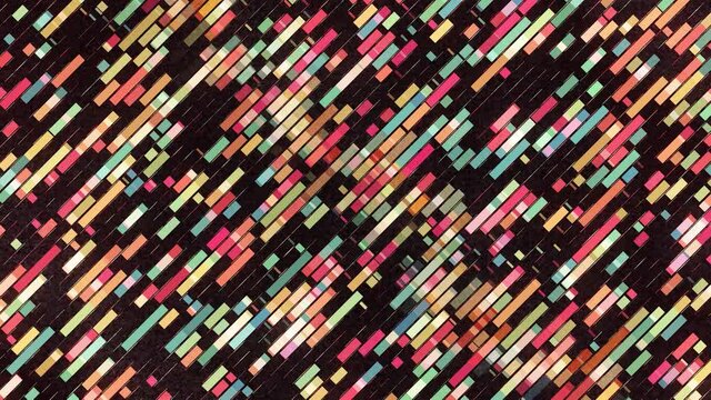 Abstract video game with moving colorful blocks on black background, seamless loop. Animation. Geometric mosaic pattern with colorful bricks.