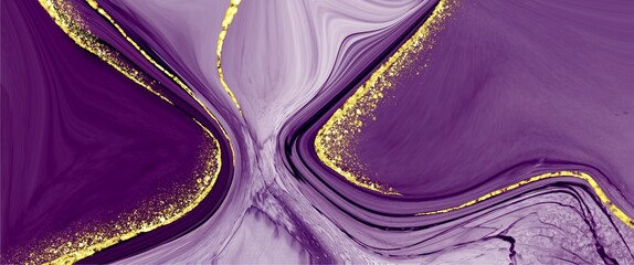 Elegant alcohol ink abstract background with liquid marble texture, luxury hand painted art, fluid texture, original wallpaper, golden path elements, dark purple color mix accent	
