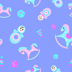 Seamless children's pattern with rocking horses, tumbler dolls and balls on a blue background